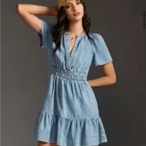 Anthropologie Dresses & Skirts - Anthropologie The Somerset Mini Dress Denim Edition Smock Waist Tiered Hem Blue